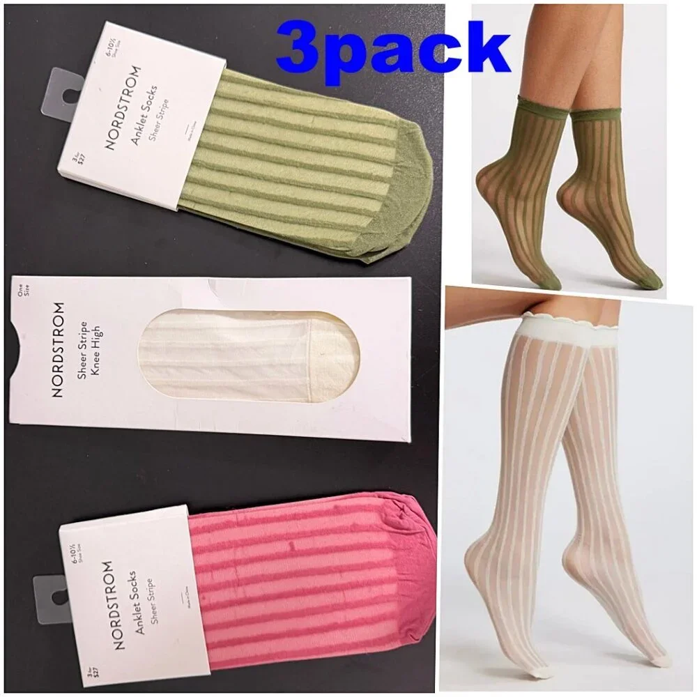 Nordstrom Sheer Ankle & Knee High Socks 3-pack Striped White Green Pink